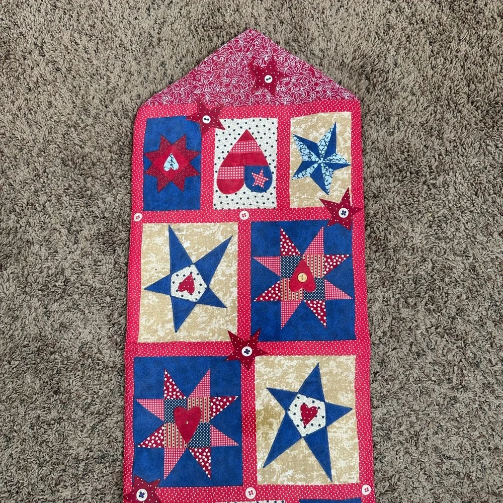 Patriotic Quilted Table Runner and Quilt Square Red White Blue Americana READ